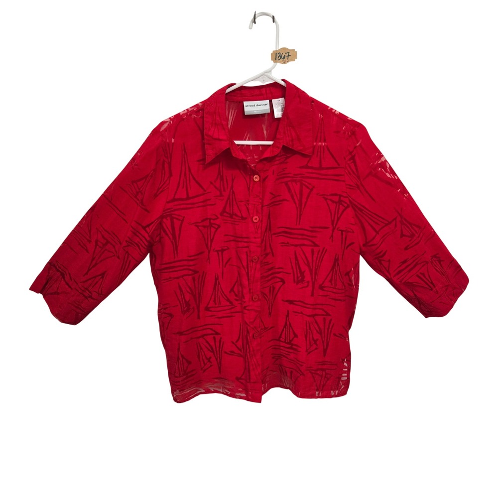 Alfred Dunner Petite Red Sailboat Burnout Button Down Shirt 3/4 Sleeve Size 10P